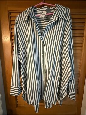 Lane Bryant Green and White Striped Button-Down Shirt